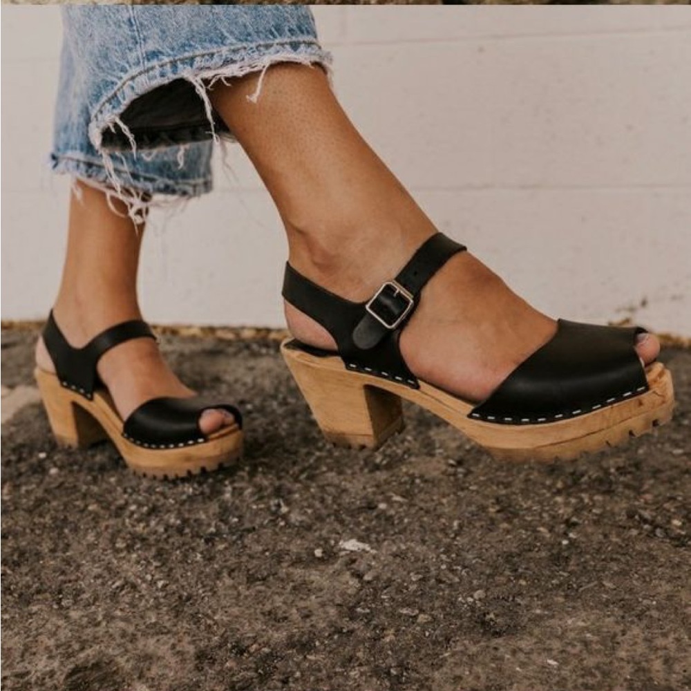MIA Black Leather Clog Sandals with Natural Wood Heel